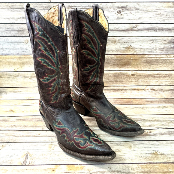 Tanner Mark Womens Brown Leather Rainbow Stitch Pointed Toe Cowgirl Boots 9.5 - Picture 1 of 10
